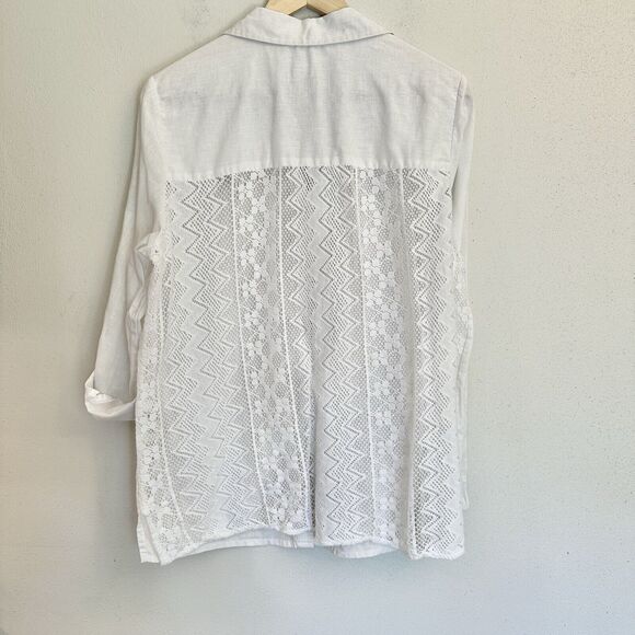 Chicos | Linen Crochet Back Button Shirt Roll Tab Sleeves Top Size 1 -‎ Med - 44 - Picture 9 of 15